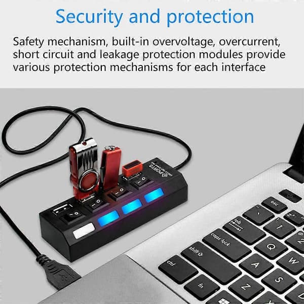 4-Port 2.0 USB Hub with LED Lights and Individual Switches for Windows, MacOS White White