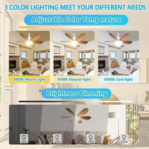 Ceiling Fan with Dimmable LED Lamp – Remote Control – 6 Blades – 3 Speeds – 40W E27 – Color Temperature 3000K to 6000K