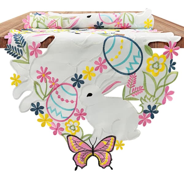Easter Table Runner with Embroidered Bunnies, Colorful Eggs and Butterflies, Spring Decoration for Home