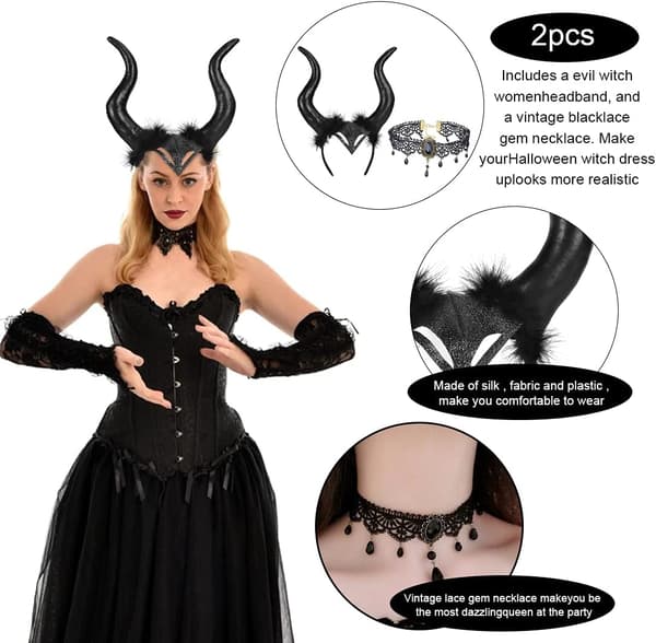 Justerbart gotisk hornhårbånd og blondehalskæde Wicked Witch Costume Cosplay tilbehør til kvinder-1