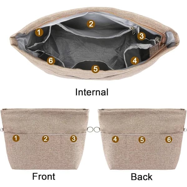 Handbag Organizer, Tote Bag with Multiple Compartments and Zippers, Sturdy Bag Insert with Keychain. Light Brown, S-FA-S