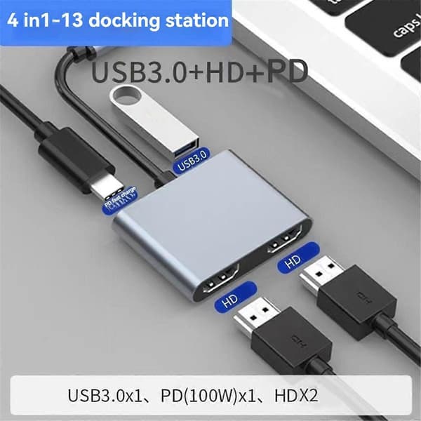 4-i-1 Typ C till Dubbel HDMI-kompatibel Förlängningssplitter PD USB HUB