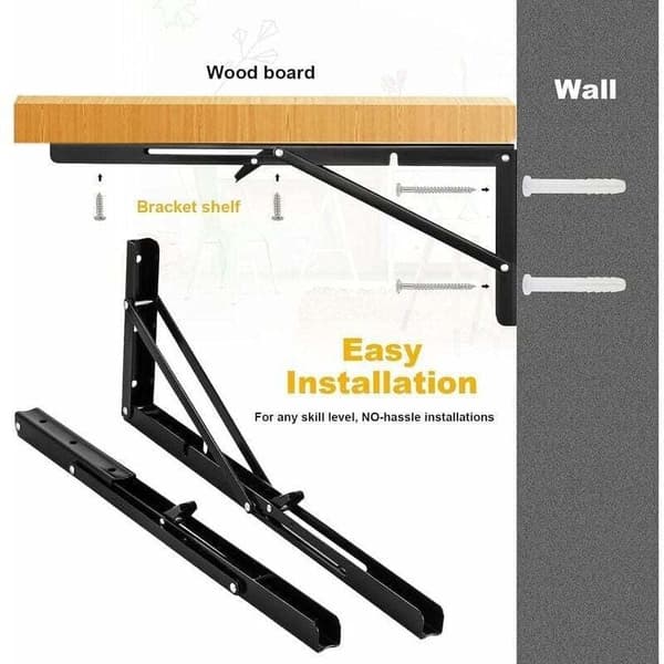 2 Heavy Duty Folding Shelf Brackets, 500x170mm, Black, Compatible with Garage Workbench, Wall Mountable