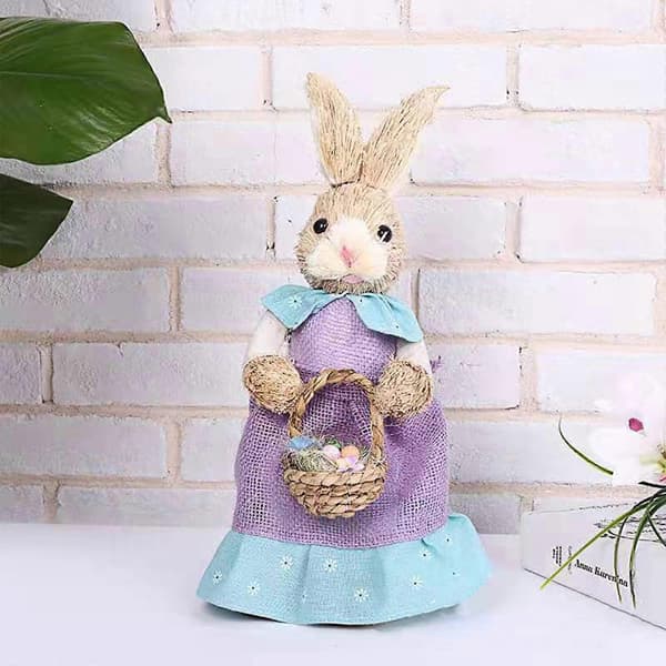 Rabbit Figurine Artificial Easter Straw Bunny Statue Animal Ornament for Easter Home Table Bookshelf Decorations