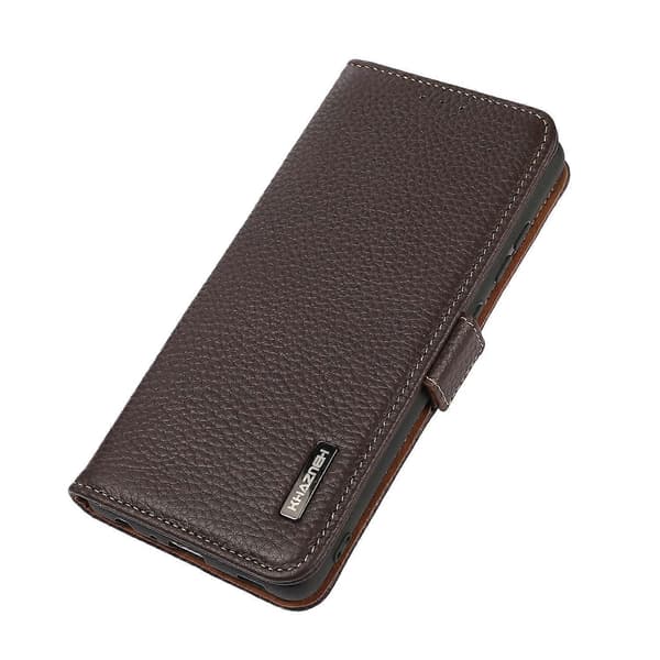 För iPhone 14 Pro Max KHAZNEH Sidomagnetiskt Litchi Läder RFID Telefonfodral [DB] Brun Brown