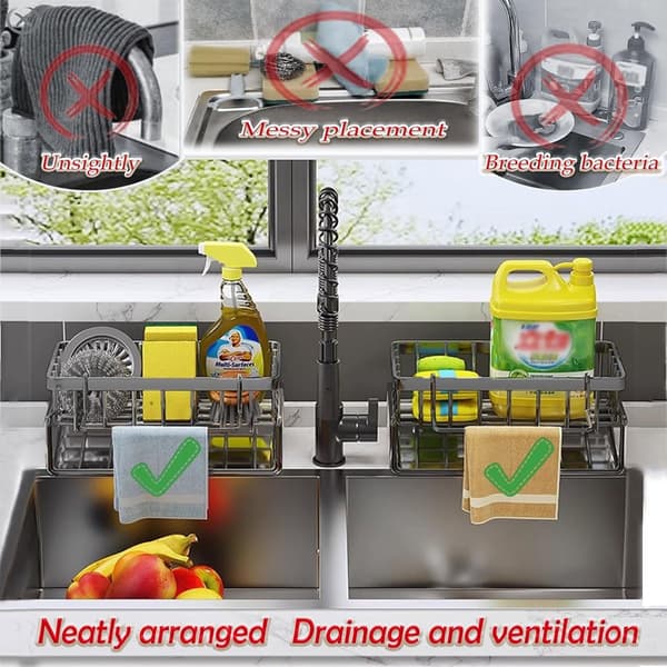 Silver Grey Sink Organiser with Self-Draining Tray - Sponge Holder, Towel Holder for the Kitchen