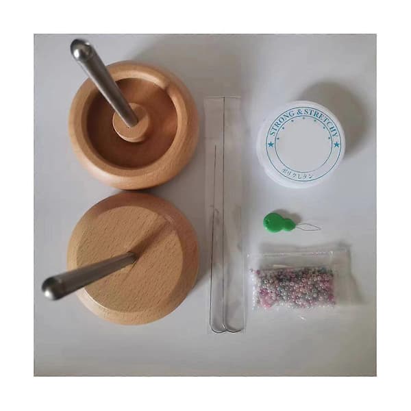 Bead Spinner for Jewelry Making, Wooden Spinning Bead Bowl with 2 Beading Needles and Seed Beads for