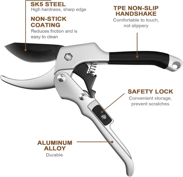 Pruners, non-slip scissors with safety lock, aluminum handle