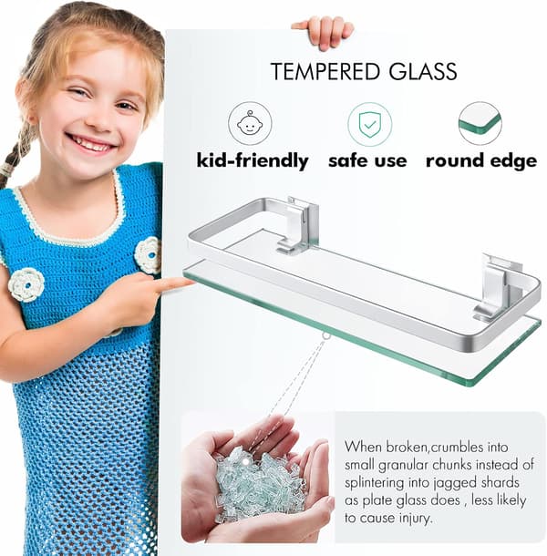 Glass Bathroom Shelf with Aluminum, Tempered Glass 8MM Extra Thick 1 Pc