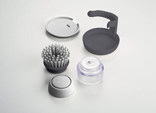 #Grå håndskrubbe med genopfyldelig sæbedispenser og opbevaringsholder#