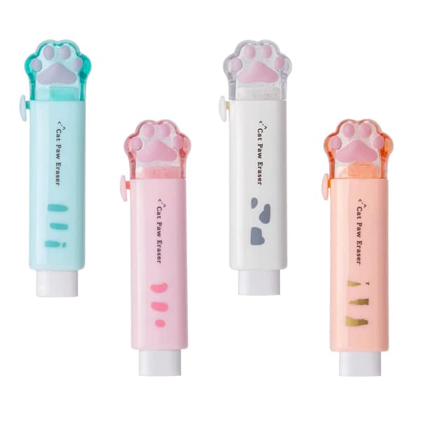 4 stk. søde viskelædere, indtrækkelige viskelædere Kawaii kattepote viskelædere til børn, gummi push-pull viskelæder (pink/blå/hvid/orange)
