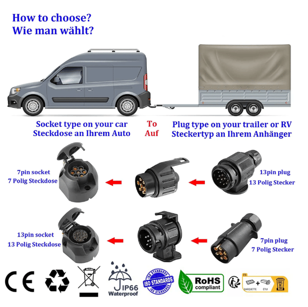 7-polet til 13-polet traileradapter til bil, trailer, cykelholder, 12V 7/13 traileradapter, traileradapter