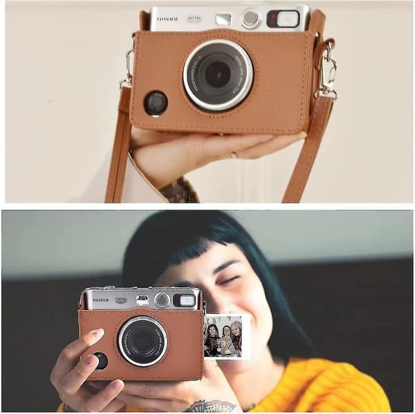 Mini Evo Camera Bag Compatible For Fuji Instax Mini Evo Instant Camera With Adjustable Shoulder Strap In Brown Litchi Texture Horizontal Style
