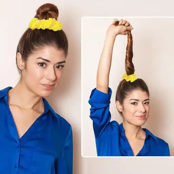 Sæt med 2 store bløde elastiske fløjls-scrunchies til søvn, ingen mærker, anti-frizz (gul)