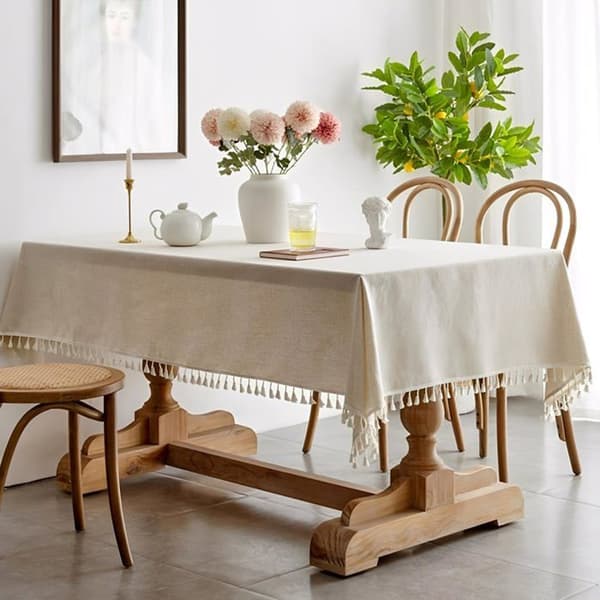 Beige fläckresistent duk med tofsar, tvättbar, 140×100cm rektangulär bomullsduk för matsal, beige fläckresistent duk