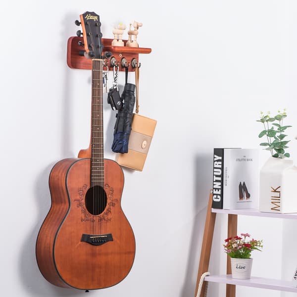 Gitarrväggkrok i trä, multifunktionell förvaringshylla för folkgitarr, elgitarr, bas, fiol, massivt träfäste