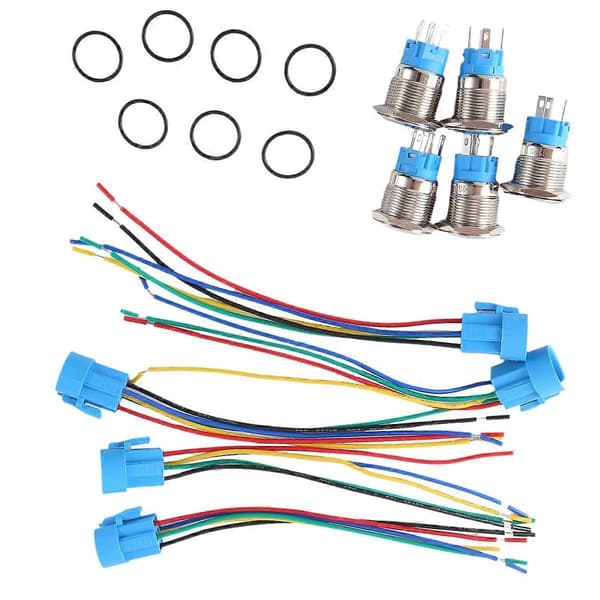 5 Pcs Metal Push Button Switch 12v 19mm Ring Lamp Power Symbol Waterproof LED Light Self-locking Reset with Connector