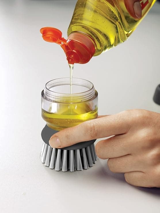 #Grå håndskrubb med påfyllbar såpedispenser og oppbevaringsholder#