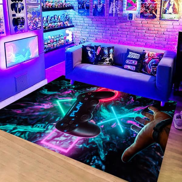 Modern Gamer Controller Mat for Boys, Non-Slip 3D Graffiti Game Console Rug, 80 x 120 cm, Neon Set - 2 Pieces