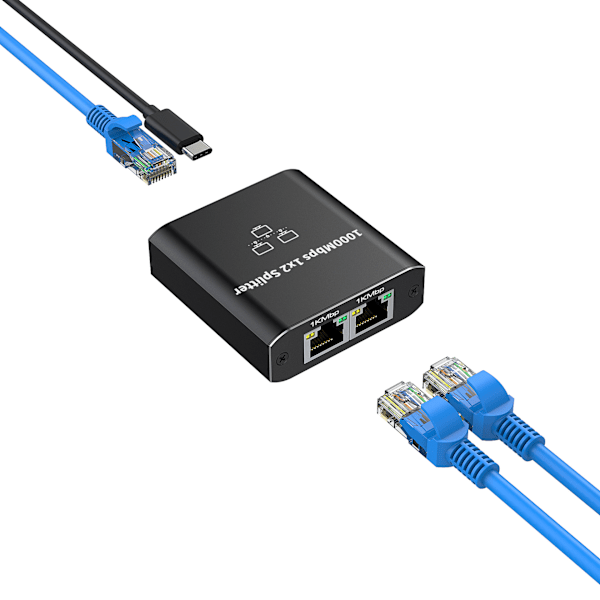 1000Mbps Ethernet Splitter 1 till 2 Nätverks Switch Ethernet Switch RJ45 LAN Internet Splitter med USB C Strömkabel för Dator, Hubb, Switch, Router