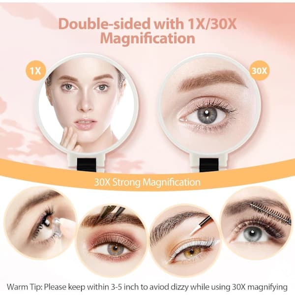 Handheld Mirror, Double-Sided Magnifying Mirror with 30X/1X Magnification, 360° Adjustable Handle, Portable Travel Makeup Mirror