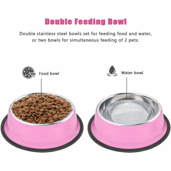 Sett med 2 rosa rustfrie skåler med sklisikker gummibase for små hunder og katter (200 ml)