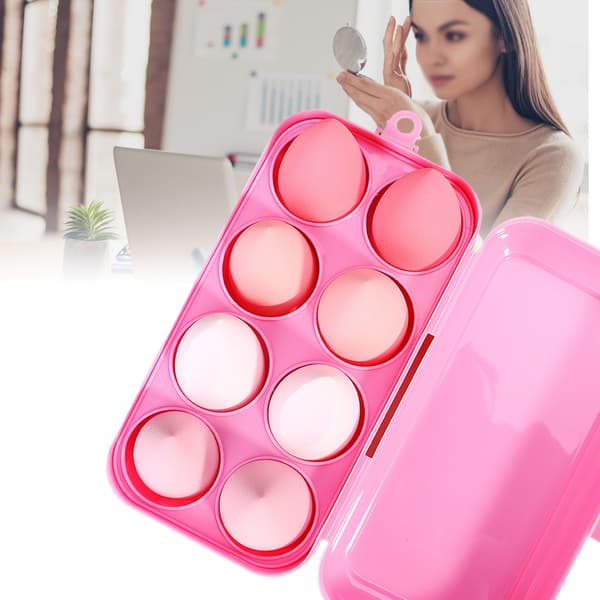 8-delt skønhedssvampesæt blød elastisk hydrofil polyurethan kosmetisk makeup-puff med opbevaringsboks pink