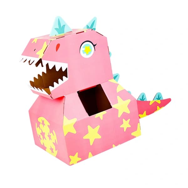 DIY Bærbar Interaktiv Lyserød Dinosaurhoved Kostume Legetøj i Pap til Børn