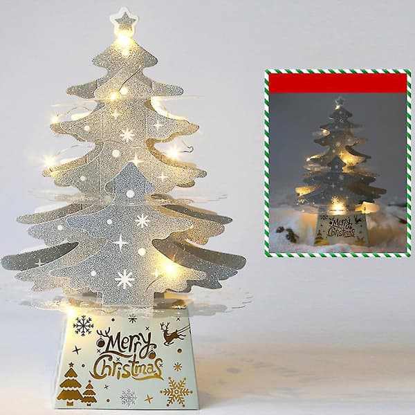 Julepynt Mini Skrivebord Juletrekort Pynt Glitrende Juletre Med Lys Sett - Sølv Lys