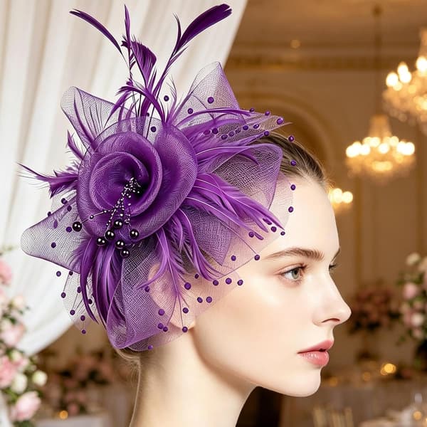 Fascinator til kvinder, pandebånd med blomster og slør lilla - violett