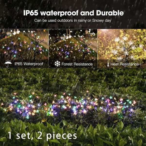 2 stk. solcellelamper utendørs dekorasjon, solcellelamper for hage, flerfargede solcellelamper, 20 LED kirsebærblomstlykter