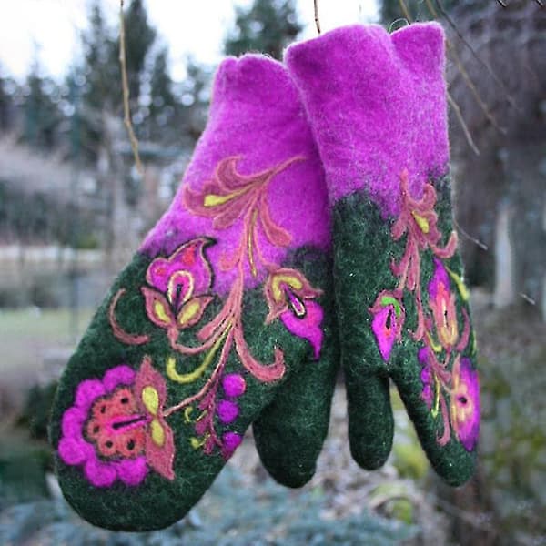 Vinterhandsker til kvinder, julegave, modehandsker med broderede blomster, N (rød)