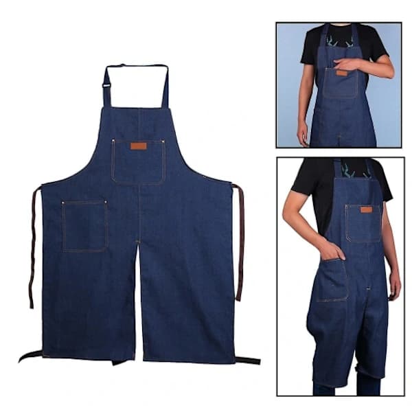 Denim keramikkforkle med bærbar lommedesign, delt ben, ermeløst arbeidsforkle, smussavvisende