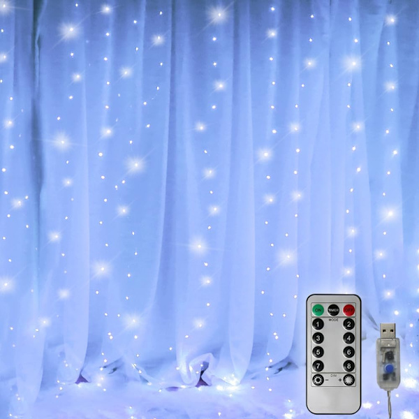 9.8ft 300 LED Gardinlys Julelys (Hvit)
