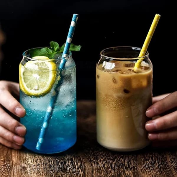 2-pack dricksglas med bambulock och sugrör, 500 ml ölglas för iskaffe, te, cocktails och vatten
