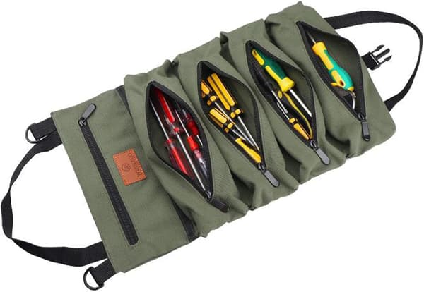 16A Canvas Roll-Up Tool Bag with 5 Zipper Pockets, Multifunctional