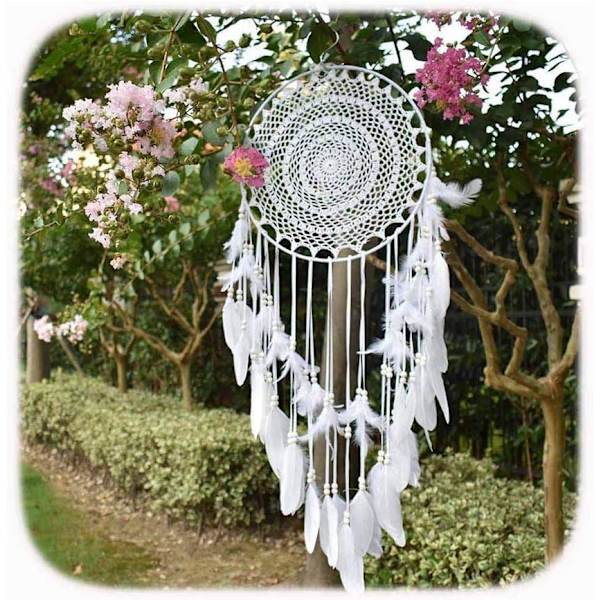 Stor Boho Drømmefanger Hvid Fjer Macrame Vægdekoration