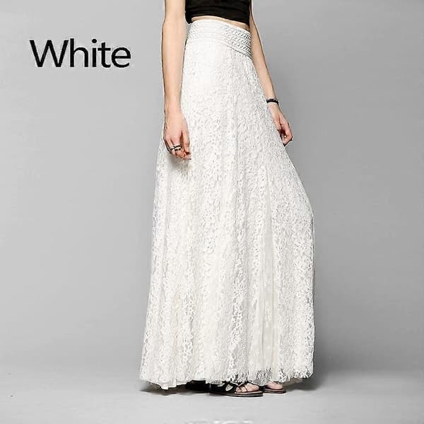 Damklänning Maxi Lång Spets Full Boho Kjol Plisserad Strand Tulle Elegant S-XL vit XL