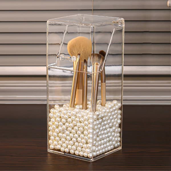 Makeup Brush Holder with Lid and Pearls Clear Cosmetic Brush Organizer Dustproof Makeup Storage Box (White, Small)