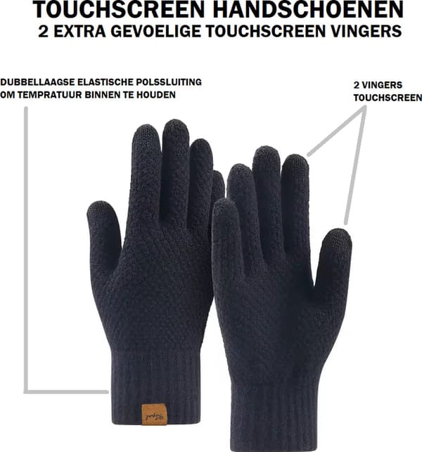 Vinterhandskar med pekskärmsfunktion för dam och herr, extra tjocka varma stickade handskar med fleecefoder för kallt väder, svarta
