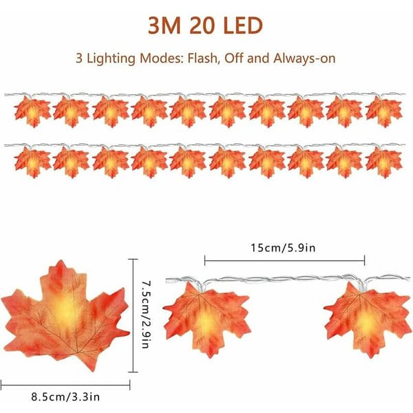 3m 20 LED lønneblad lyslenke med fjernkontroll 3 AA batterier for Thanksgiving dekorasjon