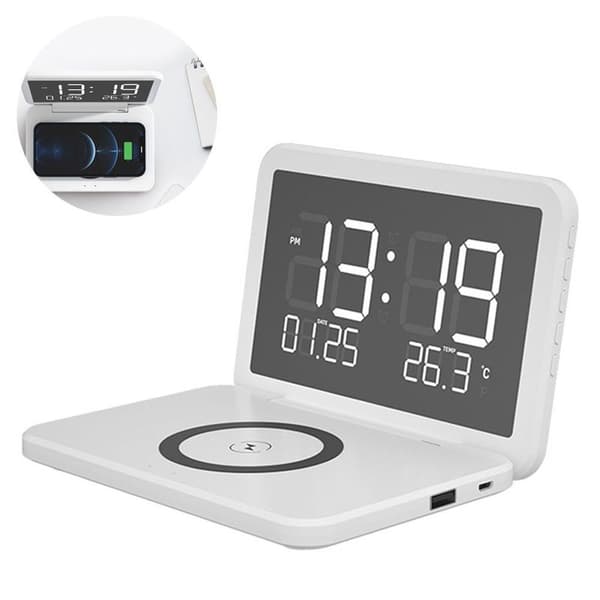 Digital Clock, Wireless Charging Alarm Clock with Night Light, Modern Arctic White