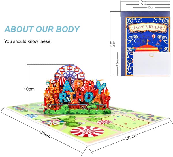 Gratulerer med dagen-kort, 3D pop-up-kort med resirkulerbar konvolutt, karneval bursdagskort