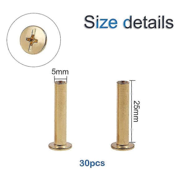 Chicago Binding Screws, 30 Set Brass Plated Carbon Steel Binding Screws Post Binding Screws, Brass Tone, 0.20x0.98in/5mmx25mm