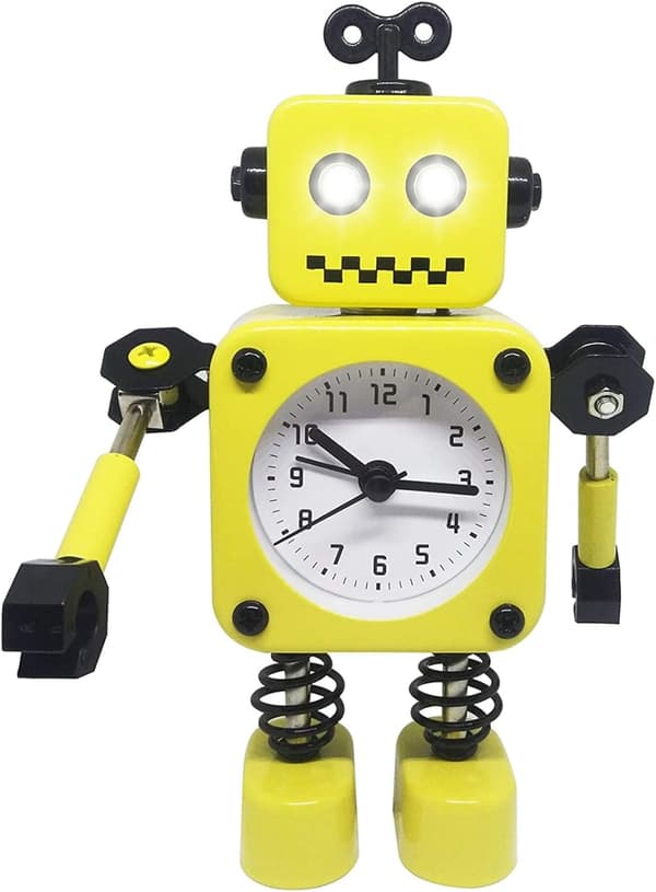 Gul robot väckarklocka, rostfritt stål tyst väckarklocka med