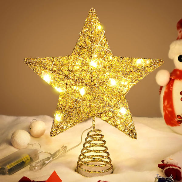 #Stjerne Juletræstop - 20cm Guld, Lysende Stjerne Juletræstop#
