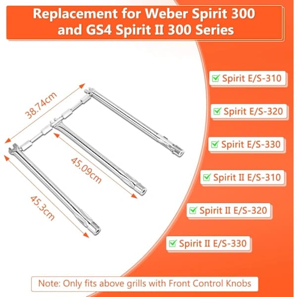 Stainless Steel Grill Burner Replacement Kit for Weber Spirit 300 Series, 304 Steel, Front Control Models 2013-2017