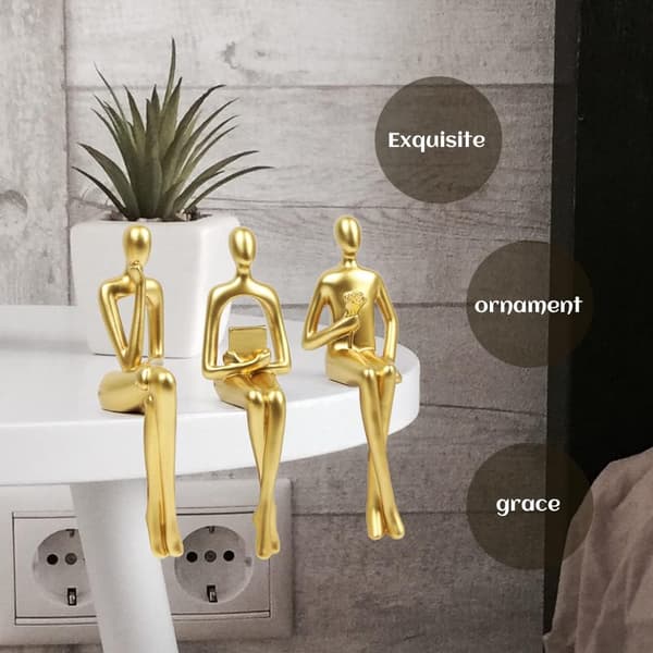3 st gulddekorerade sittande tänkande statyer abstrakt skulptur, böcker