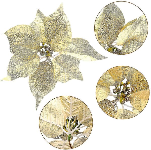 12 Stykker Kunstige Juleblomster Julestjerne Glitterpynt Glitrende Juleblomster Paljettblomster Jul