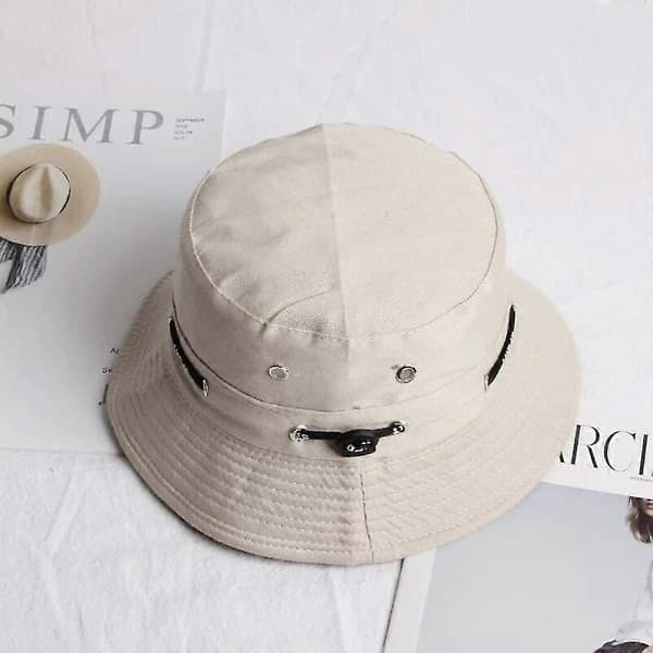 Solhat med bred skygge, hagerem, trykknapper i siden og ventilationsåbninger (beige)